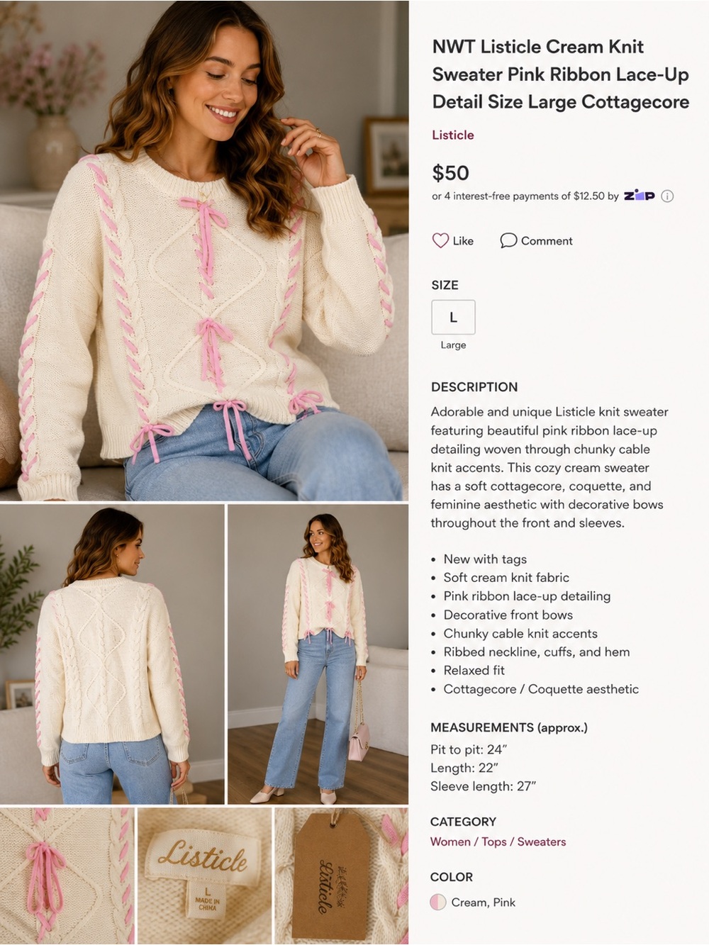 NWT Listicle Cream Knit Sweater Pink Ribbon Lace-up Detail Size Large Cottagecor